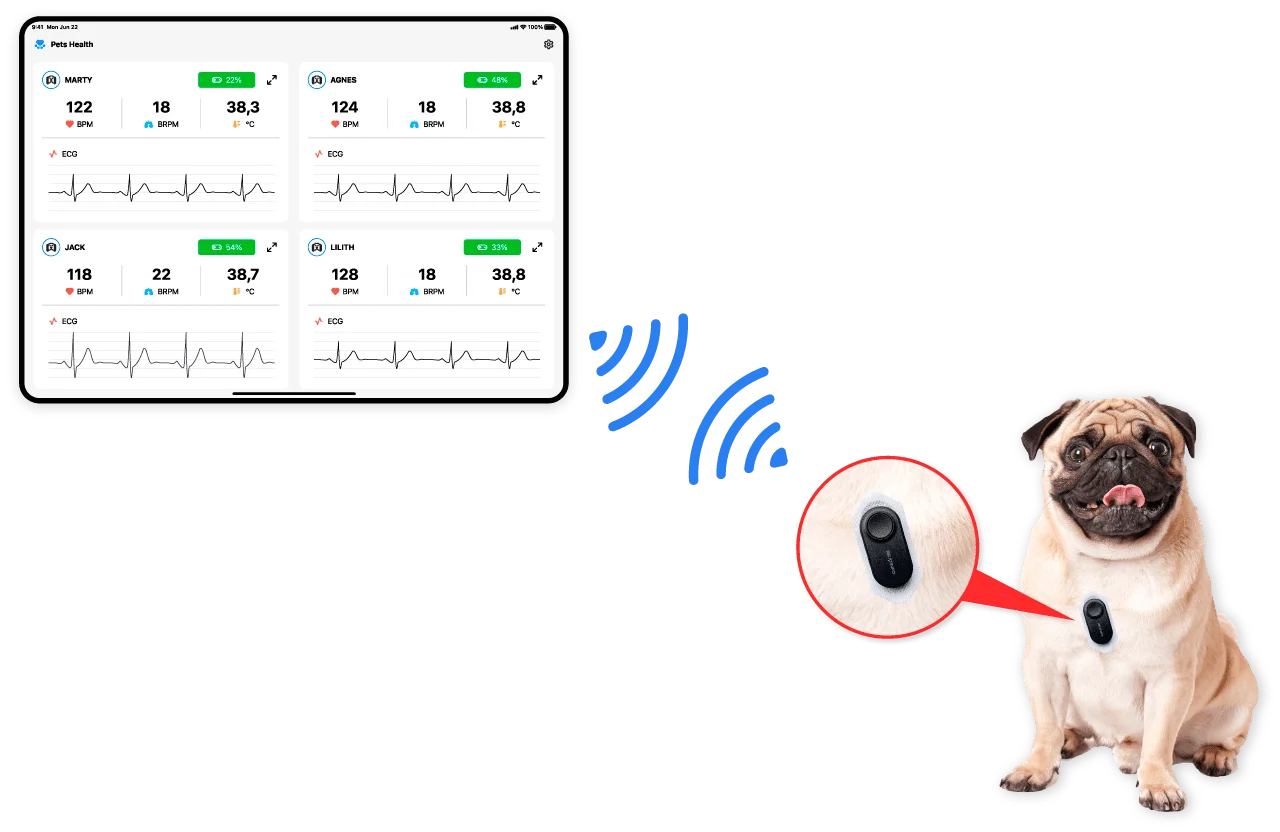 BEATINFO Pets App - Wireless connectivity using the lightweight ECG sensor